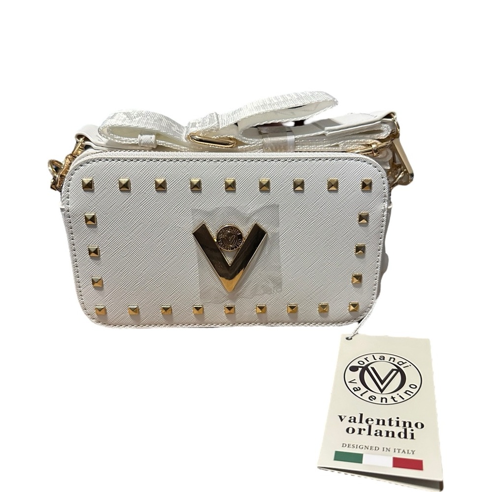 Valentino Orlandi White and Gold Crossbody Camera Bag with Gold Studded Details